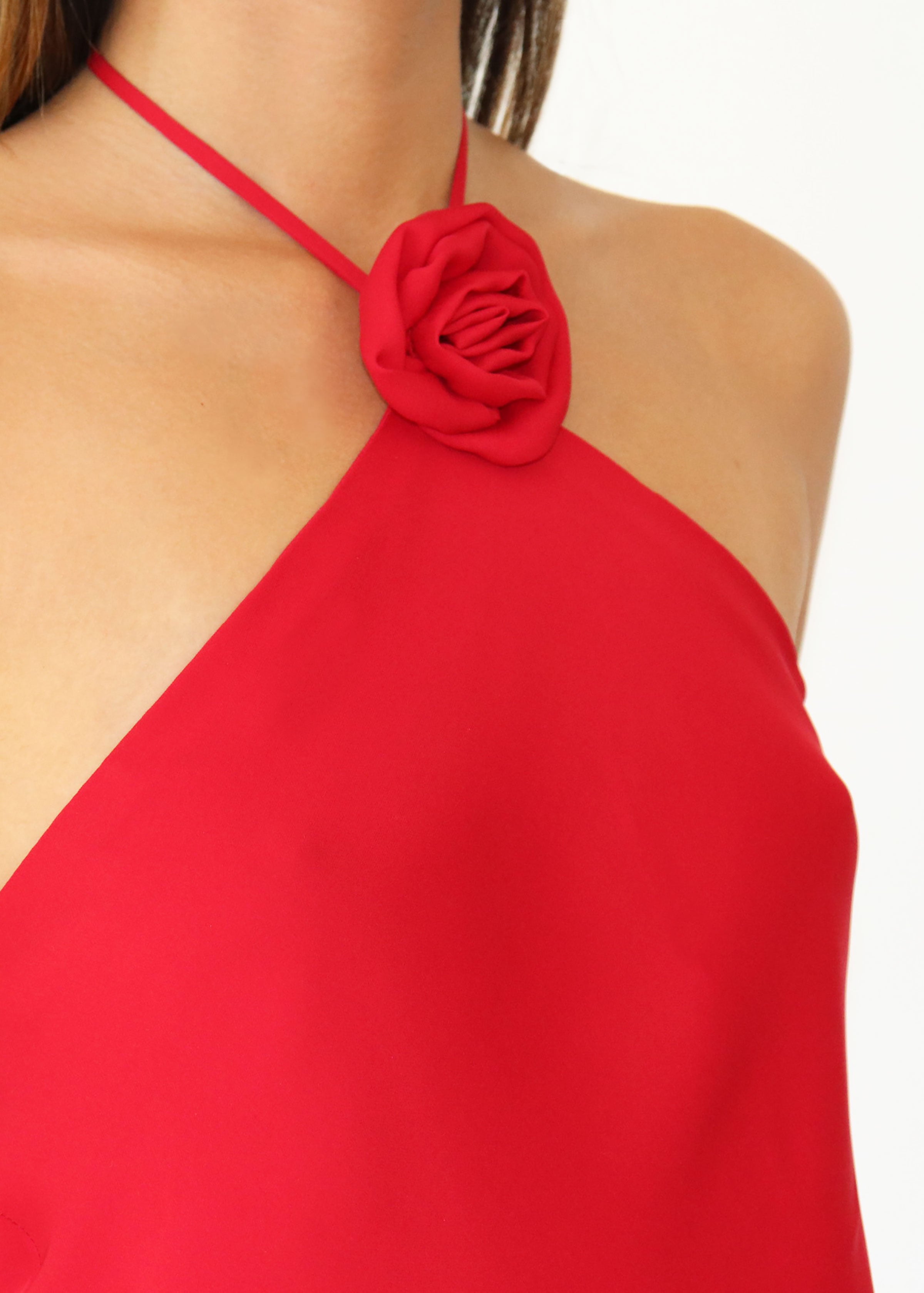 Cupid Top – Cherry Silk Halter with Rosette | Kait Macleod